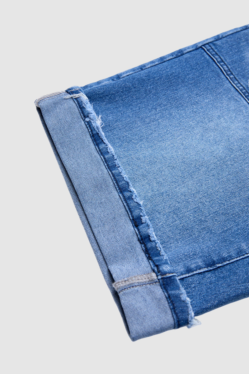 Wash Roll Hem Patch Pocket High Rise Denim Bermuda Shorts
