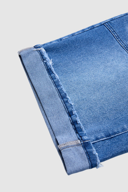 Wash Roll Hem Patch Pocket High Rise Denim Bermuda Shorts