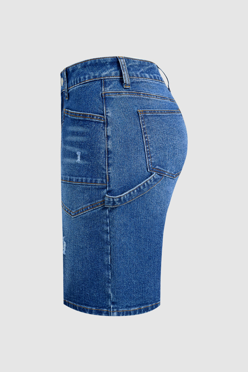 Wash Ripped Patch Pocket High Rise Denim Bermuda Shorts