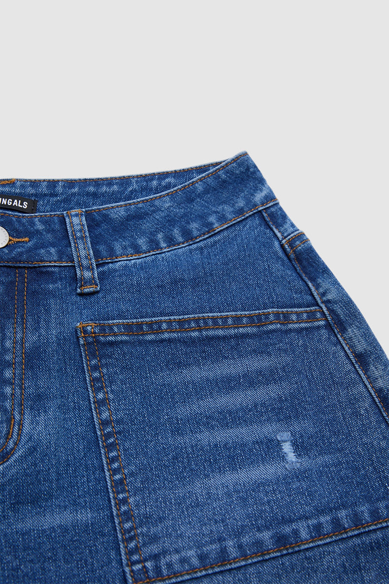 Wash Ripped Patch Pocket High Rise Denim Bermuda Shorts