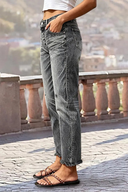 Wash Ripped Raw Hem Mid Waist Straight Leg Crop Jeans