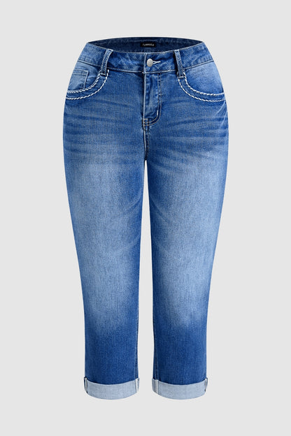 Stitch Detail Mid Waist Skinny Rolled Hem Capri Jeans