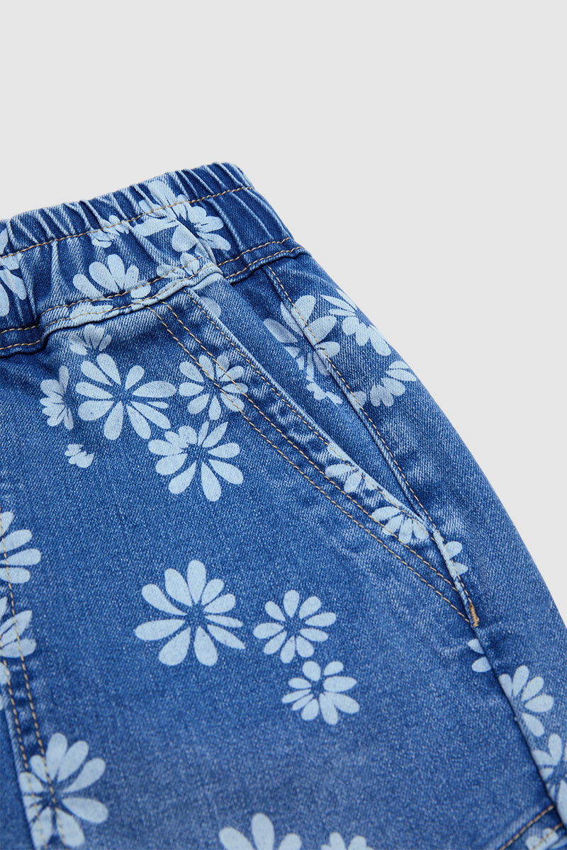Floral Print Drawstring Mid Waist Denim Bermuda Shorts