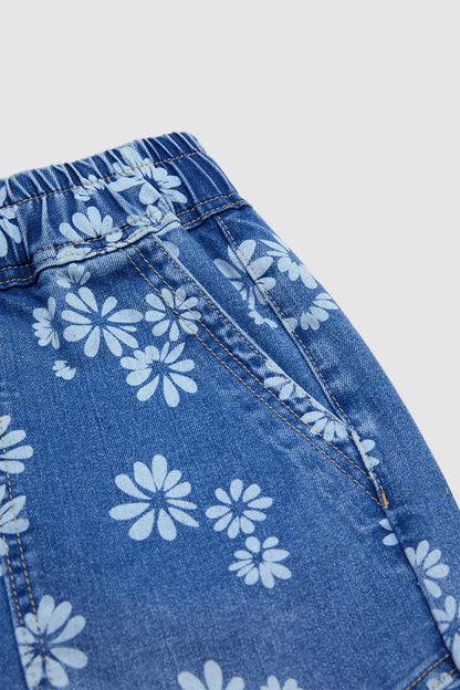 Floral Print Drawstring Mid Waist Denim Bermuda Shorts