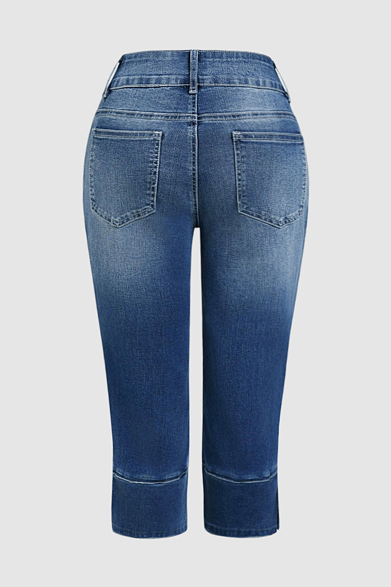 Plant Embroidery Button Decor Mid Waist Skinny Capri Jeans