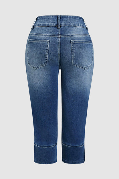 Plant Embroidery Button Decor Mid Waist Skinny Capri Jeans
