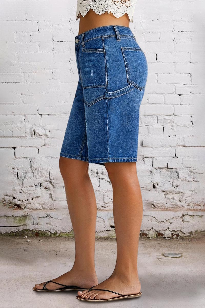 Wash Ripped Patch Pocket High Rise Denim Bermuda Shorts