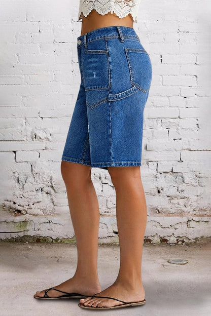 Wash Ripped Patch Pocket High Rise Denim Bermuda Shorts