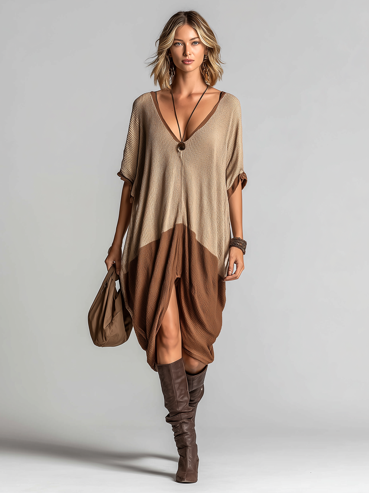 Fashion Casual Brown V-neck Contrast Trim Short-Sleeve Loose Ribbed Knit Midi Dress