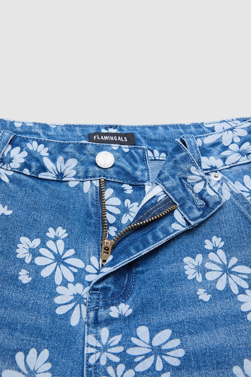 Wash Floral Print Ruffle Split Hem Mid Rise Wide Leg Jeans