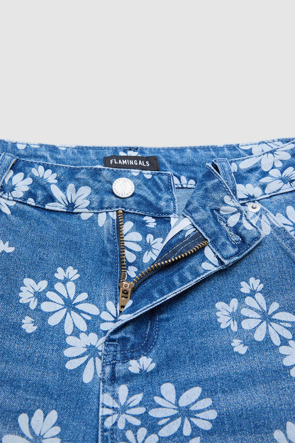Wash Floral Print Ruffle Split Hem Mid Rise Wide Leg Jeans