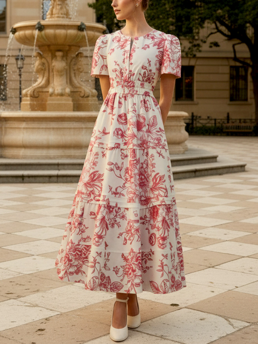 Robe longue en coton, manches courtes, col en V, motif floral, style vintage, couleur abricot