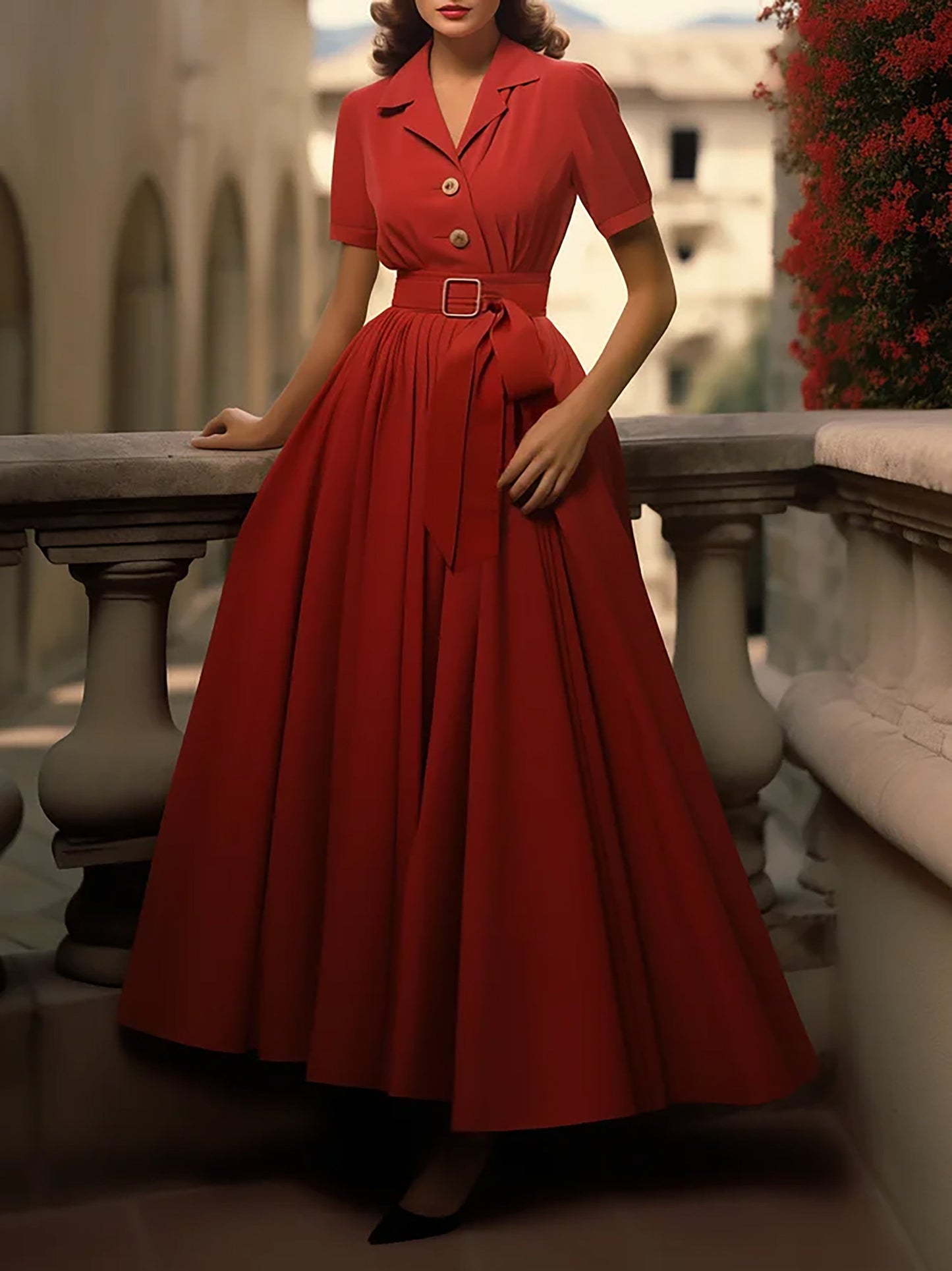 Robe longue en coton, unie, poches décoratives, col châle, mélange de lin, ceinture, vintage, manches courtes, rouge