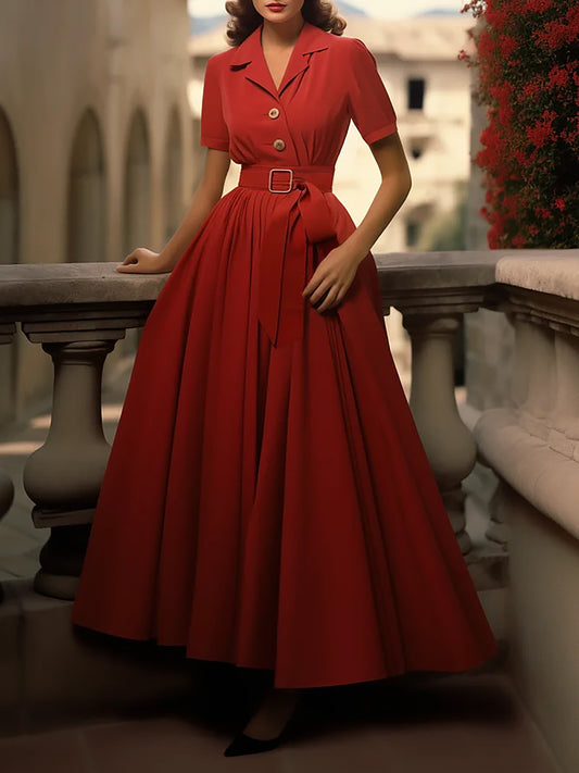 Robe longue en coton, unie, poches décoratives, col châle, mélange de lin, ceinture, vintage, manches courtes, rouge
