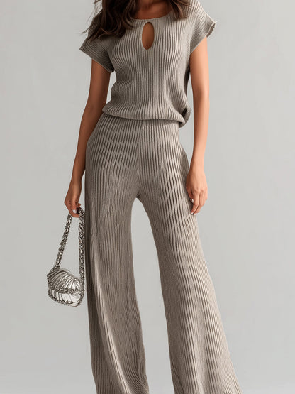 Chic Vintage Light Brown U-Neck Cutout Details Short-Sleeve Loose-Fit Top And Wide-Leg Pants Ribbed Knit Two-Piece Set