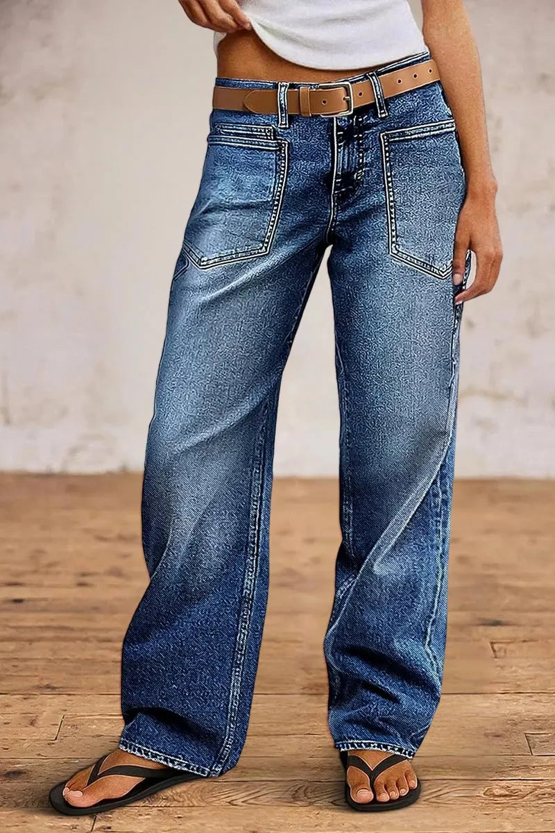 Wash Mid Waist Straight Leg Jeans Without Belt