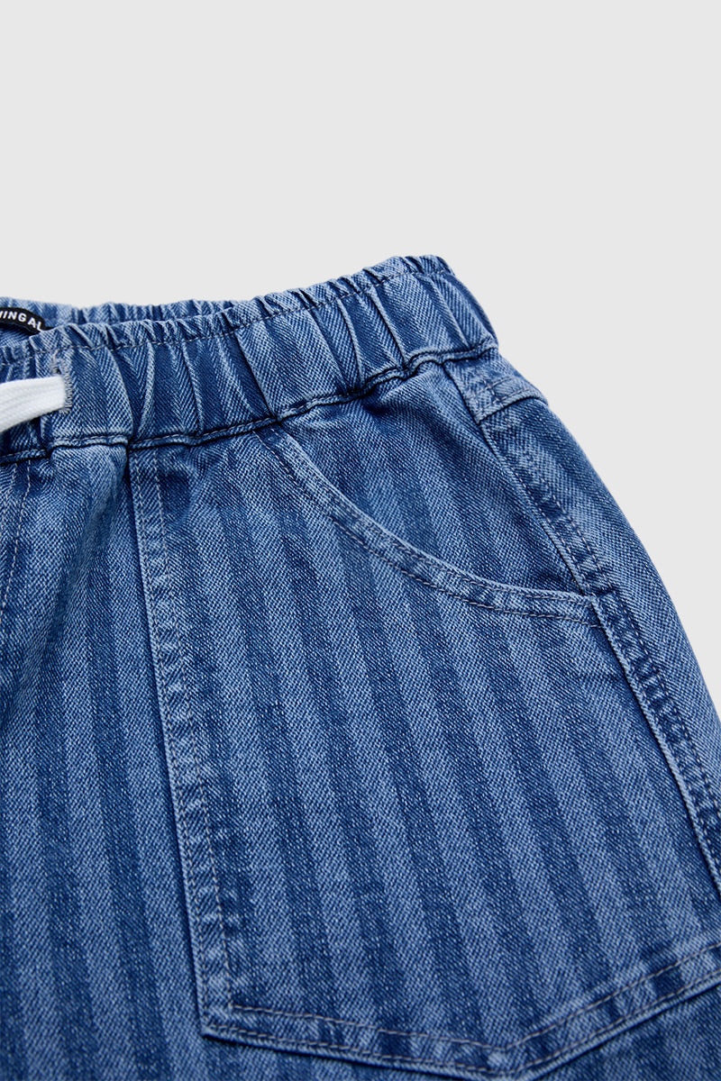 Striped Patch Pocket Drawstring Mid Rise Straight Leg Crop Jeans