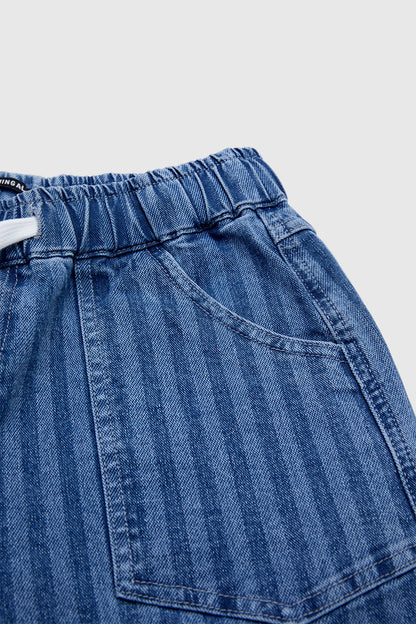 Striped Patch Pocket Drawstring Mid Rise Straight Leg Crop Jeans