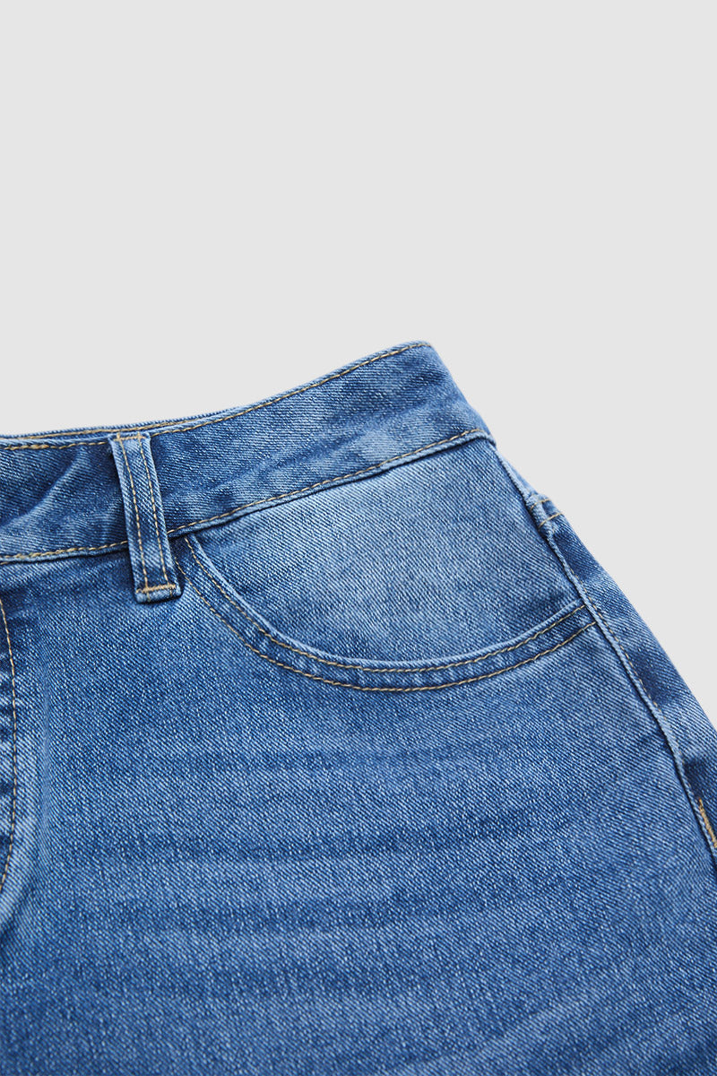 Wash Raw Hem Mid Waist Straight Leg Crop Jeans Without Belt