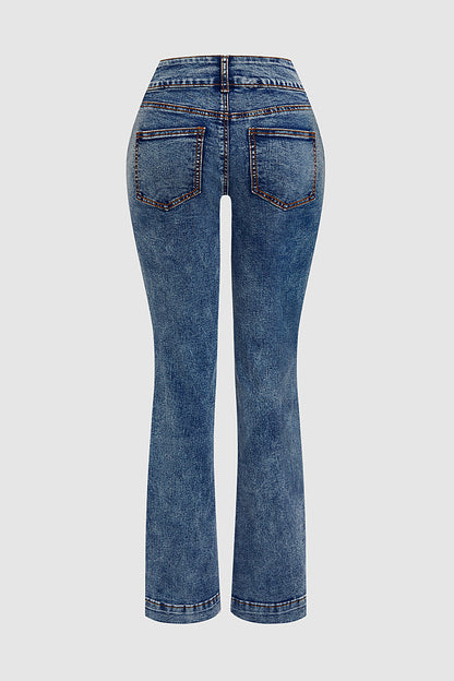 Double Button Stitch Detail High Waist Bootcut Jeans