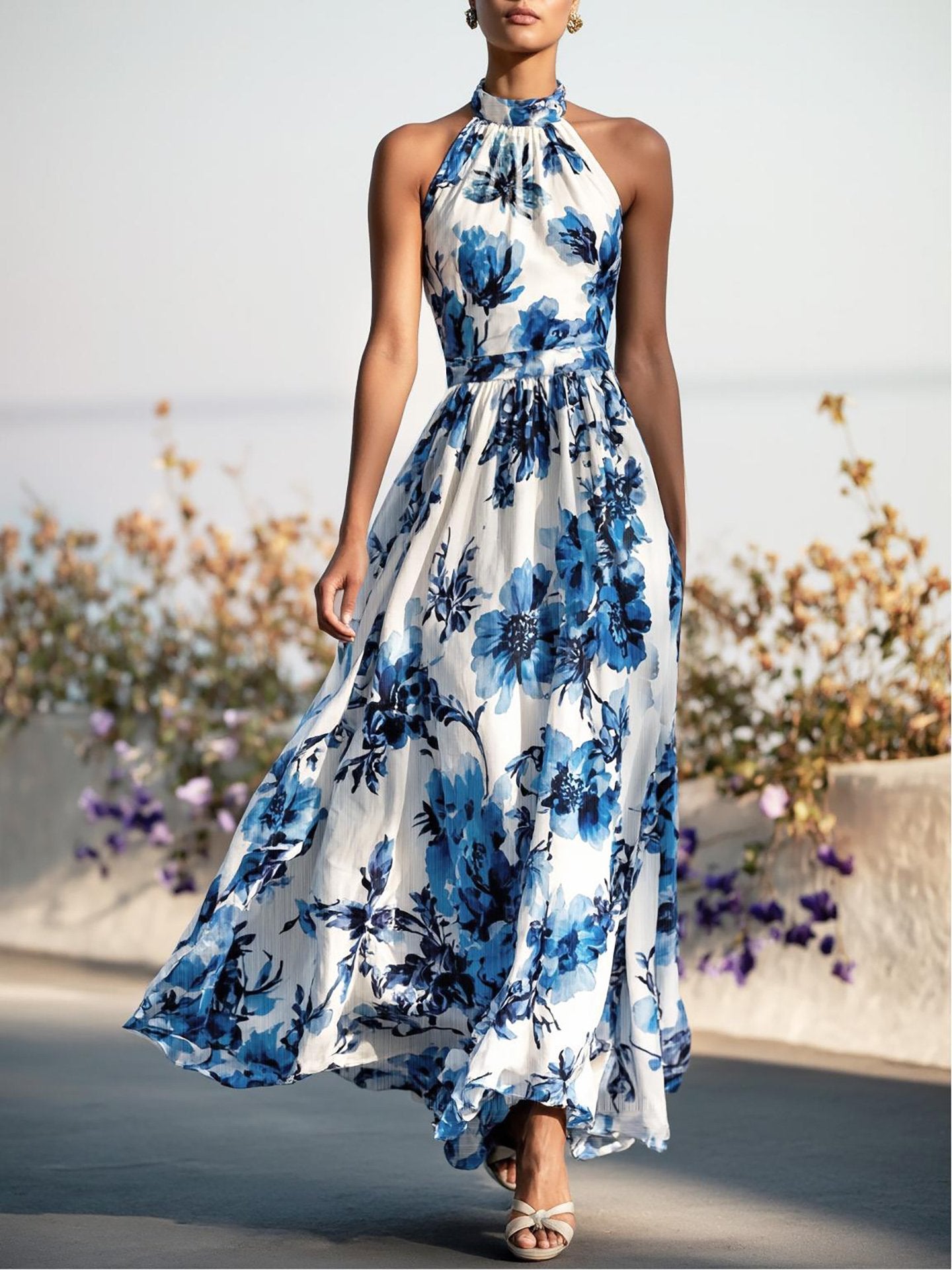 Robe longue en lin, sans manches, dos nu, motif floral, vintage, blanche