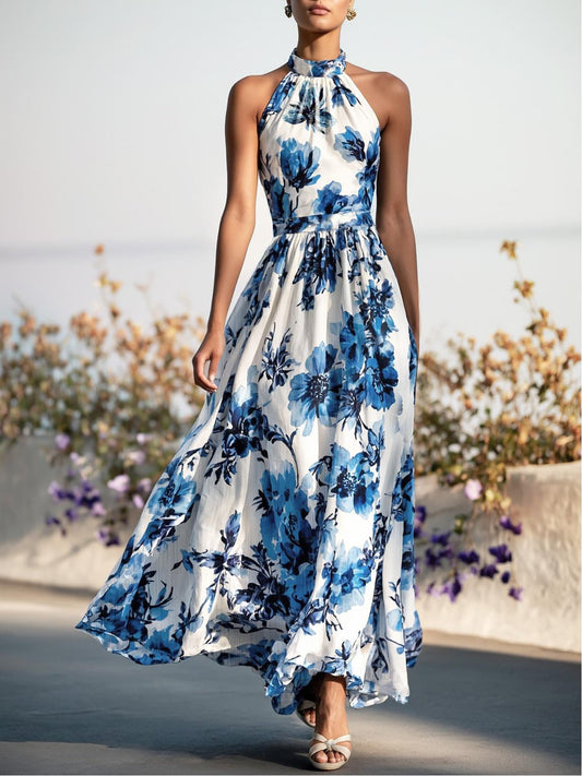 Robe longue en lin, sans manches, dos nu, motif floral, vintage, blanche
