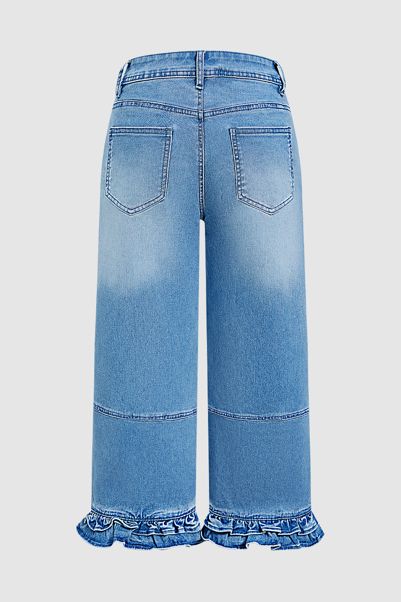 Wash Stitch Detail Ruffle Hem Mid Rise Wide Leg Crop Jeans