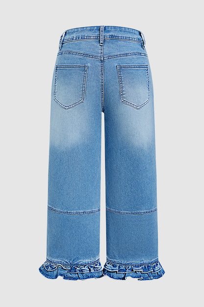 Wash Stitch Detail Ruffle Hem Mid Rise Wide Leg Crop Jeans