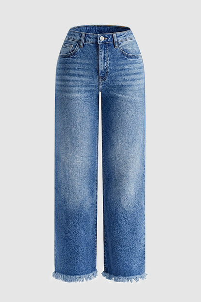 Raw Hem Mid Waist Straight Leg Jeans