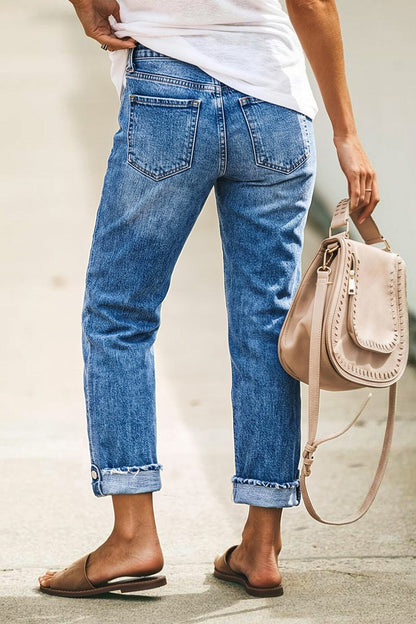 Wash Button Tab Roll Hem Mid Waist Straight Leg Crop Jeans