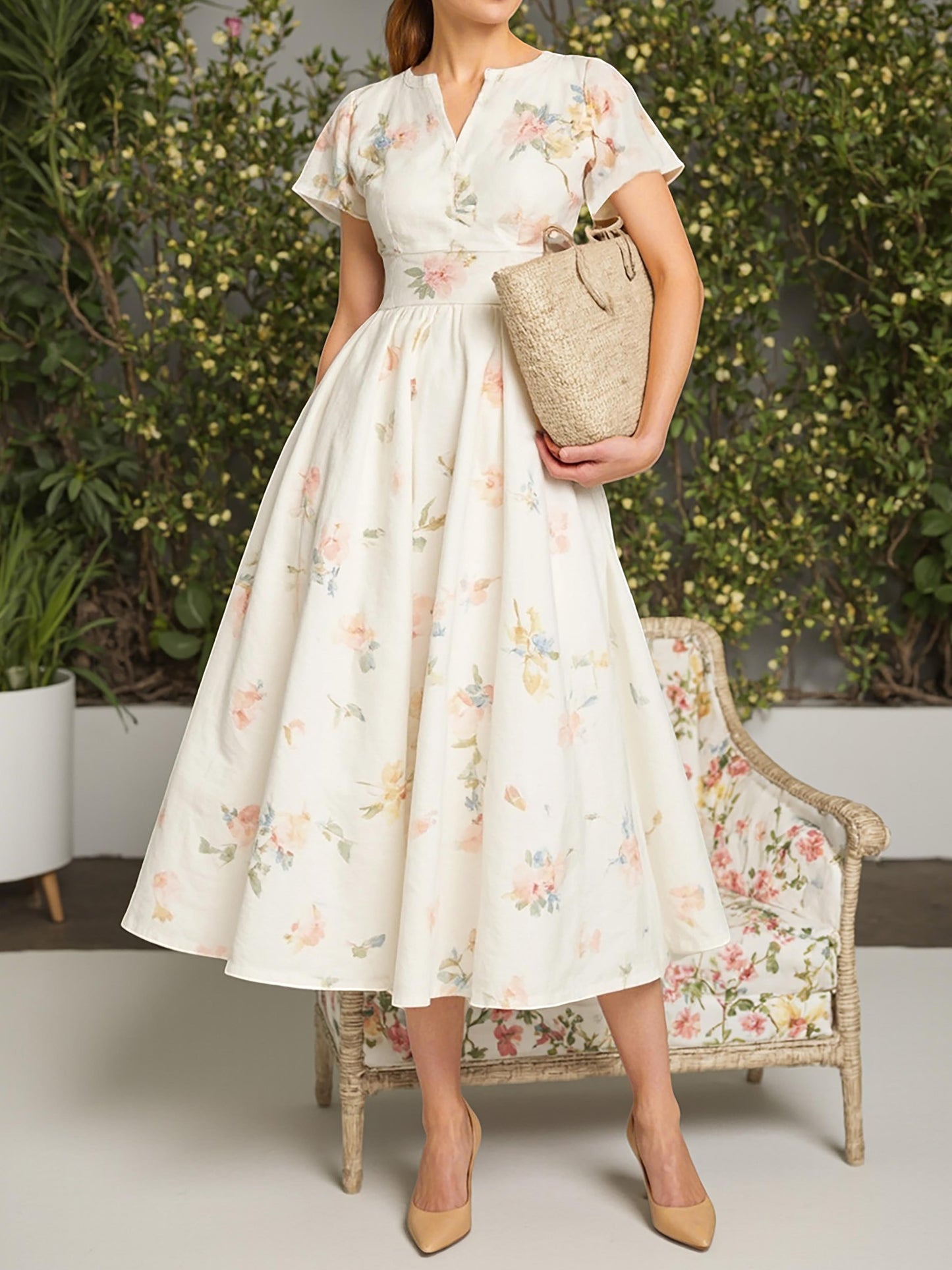 Robe midi en lin, manches courtes, col en V, florale, vintage, blanche