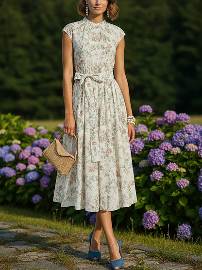 Robe midi en coton, manches courtes, col rond, motif floral, ceinture, style vintage, couleur abricot