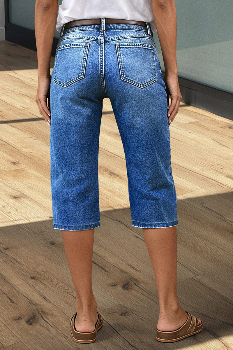 Wash Stitch Detail Mid Waist Straight Leg Capri Jeans Without Belt