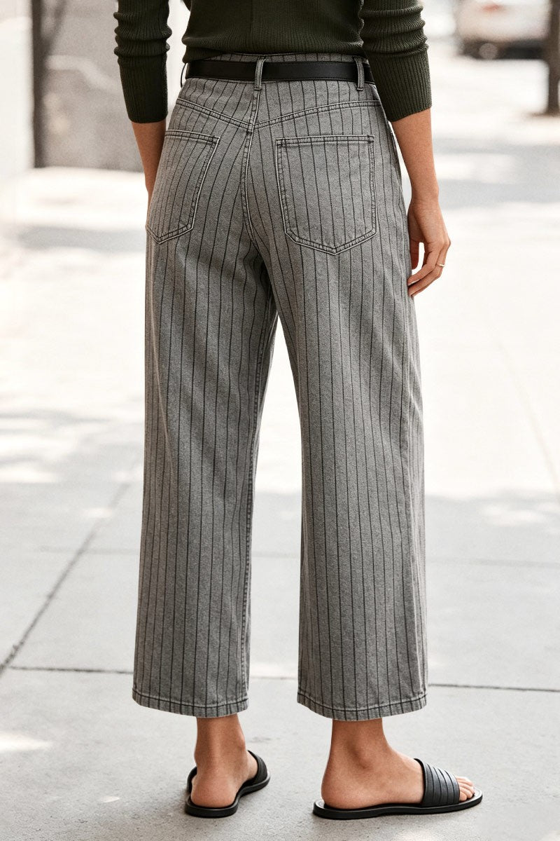 Striped Patch Pocket Mid Waist Wide Leg Cropped Pants Without Belt