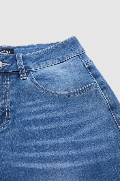 Wash Geo Embroidery Raw Hem Mid Waist Straight Leg Jeans Without Belt