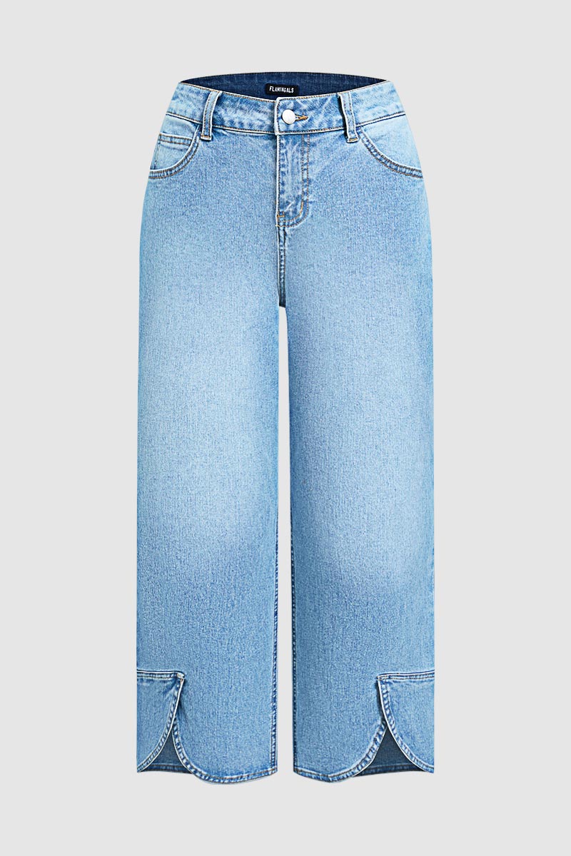 Wash Split Hem Mid Rise Wide Leg Crop Jeans