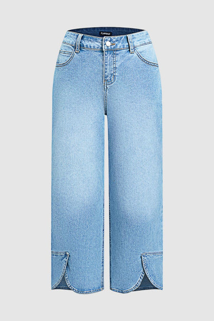 Wash Split Hem Mid Rise Wide Leg Crop Jeans