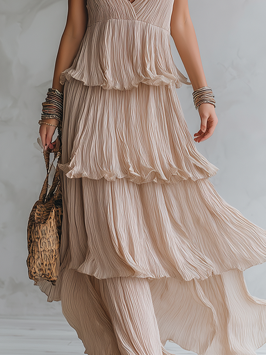 Robe longue bohème plissée à fines bretelles