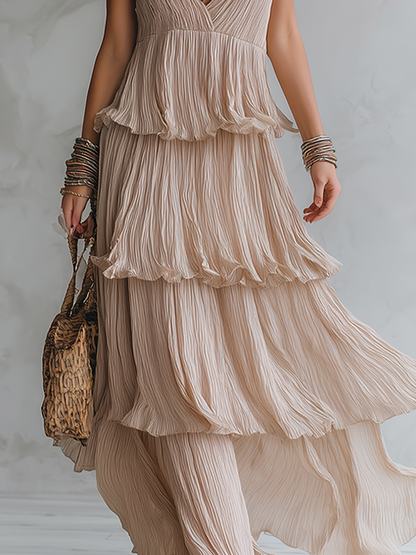Robe longue bohème plissée à fines bretelles