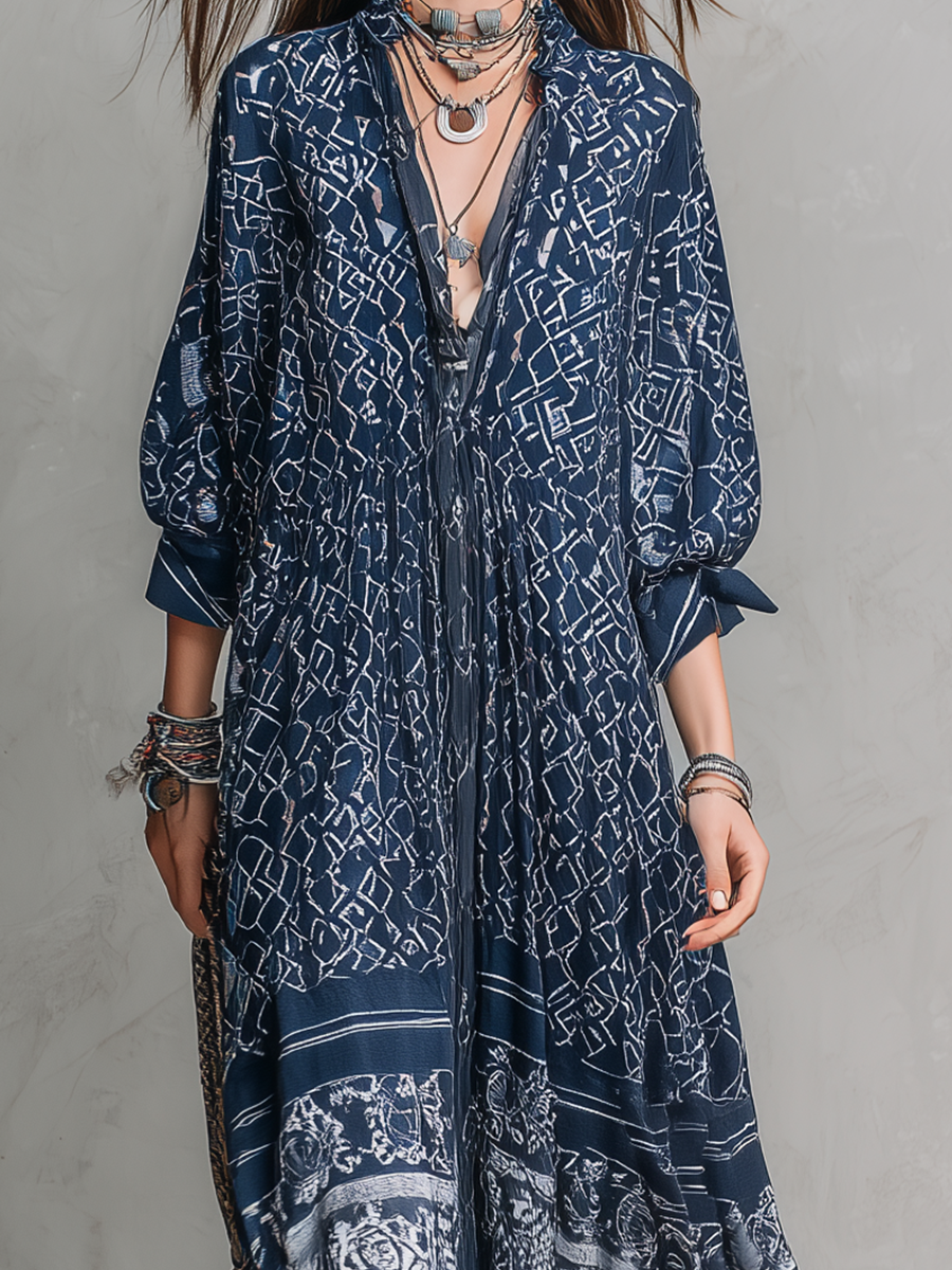 Robe longue rétro à imprimé ethnique bleu indigo