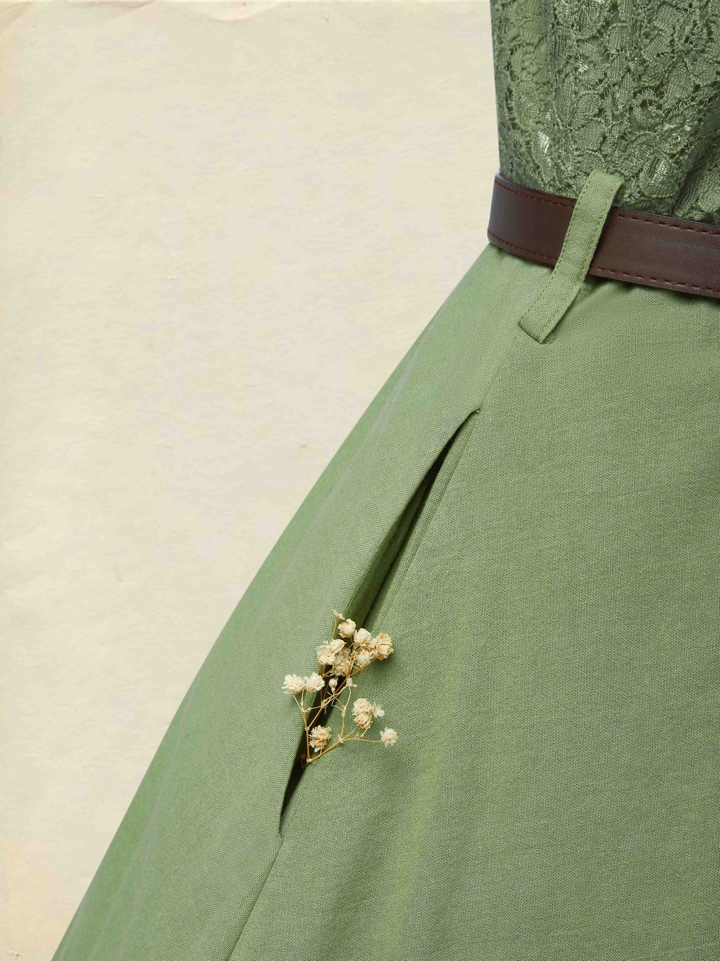 Robe Midi en Lin, Manches Courtes, Col V, Unie, Dentelle, Vintage, Vert Militaire