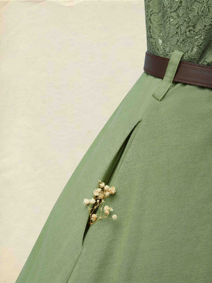 Robe Midi en Lin, Manches Courtes, Col V, Unie, Dentelle, Vintage, Vert Militaire