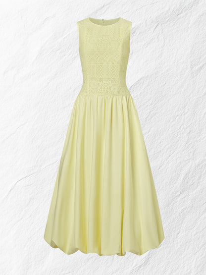 Robe Midi en Coton, Sans Manches, Col Rond, Unie, Dentelle, Vintage Français, Jaune Clair