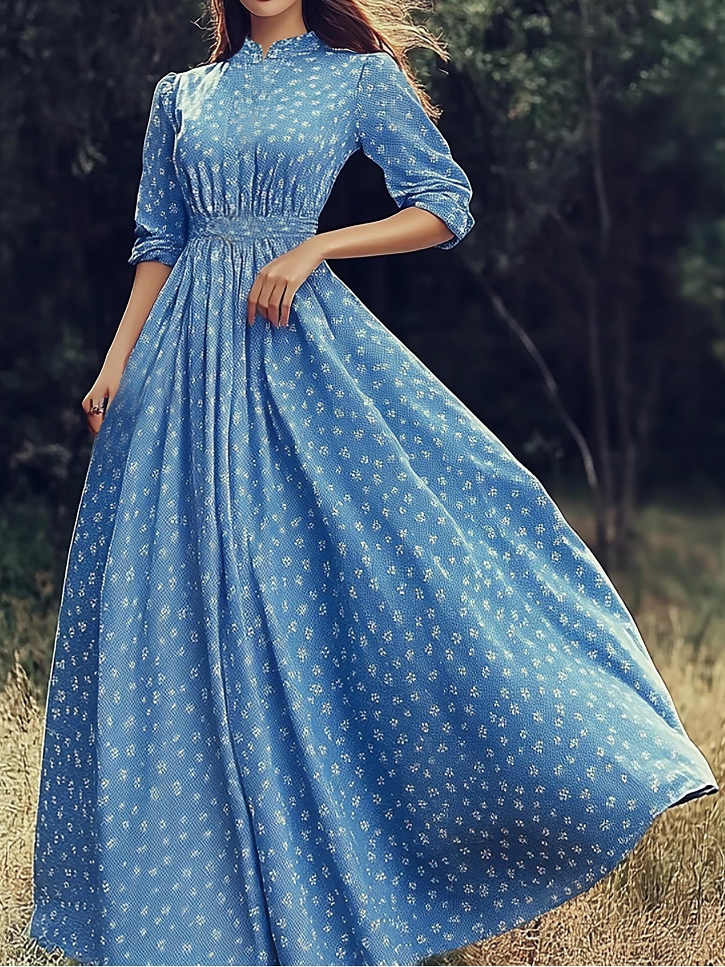 Robe longue en lin, manches 3/4, col montant, motif floral, mélange de lin, bleue