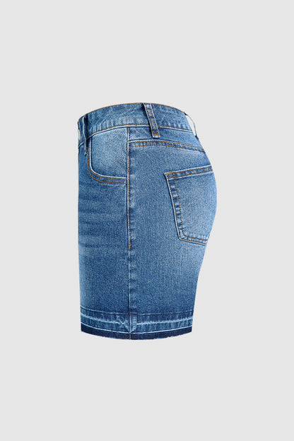 Wash Mid Rise Mid Thigh Denim Shorts Without Belt