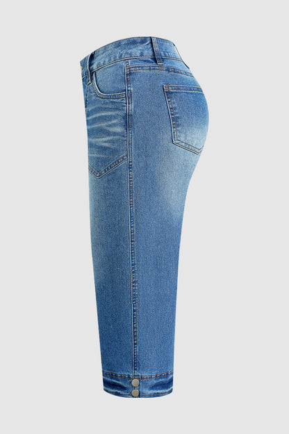 Wash Button Decor Mid Waist Barrel Leg Capri Jeans