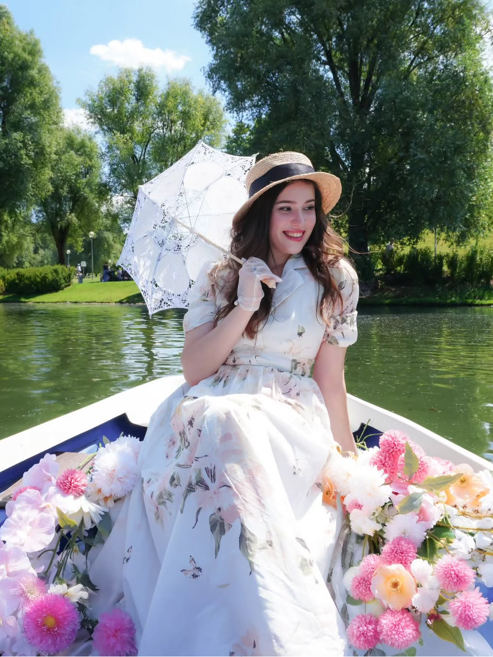 Robe longue en lin, manches ballon, col châle, fleurie, vintage, blanche