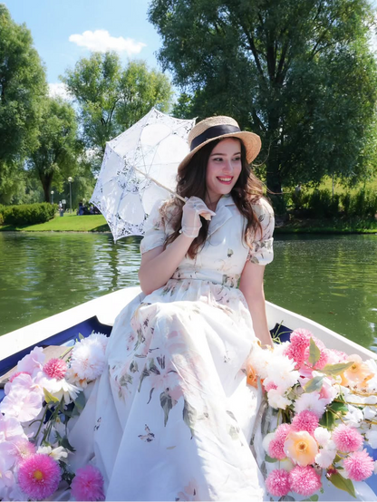 Robe longue en lin, manches ballon, col châle, fleurie, vintage, blanche