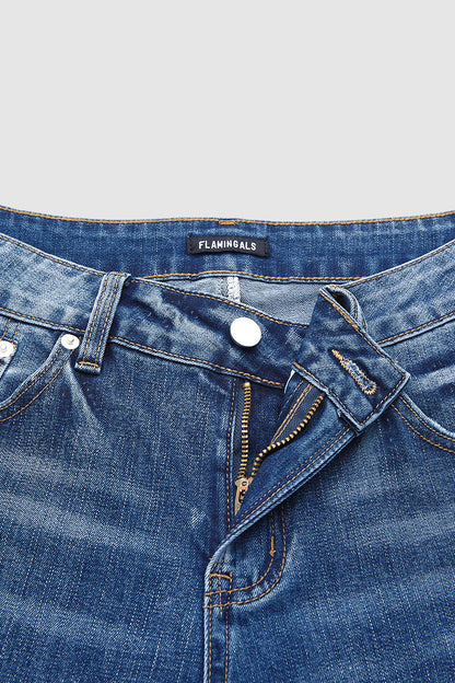 Wash Raw Hem Mid Rise Straight Leg Crop Jeans