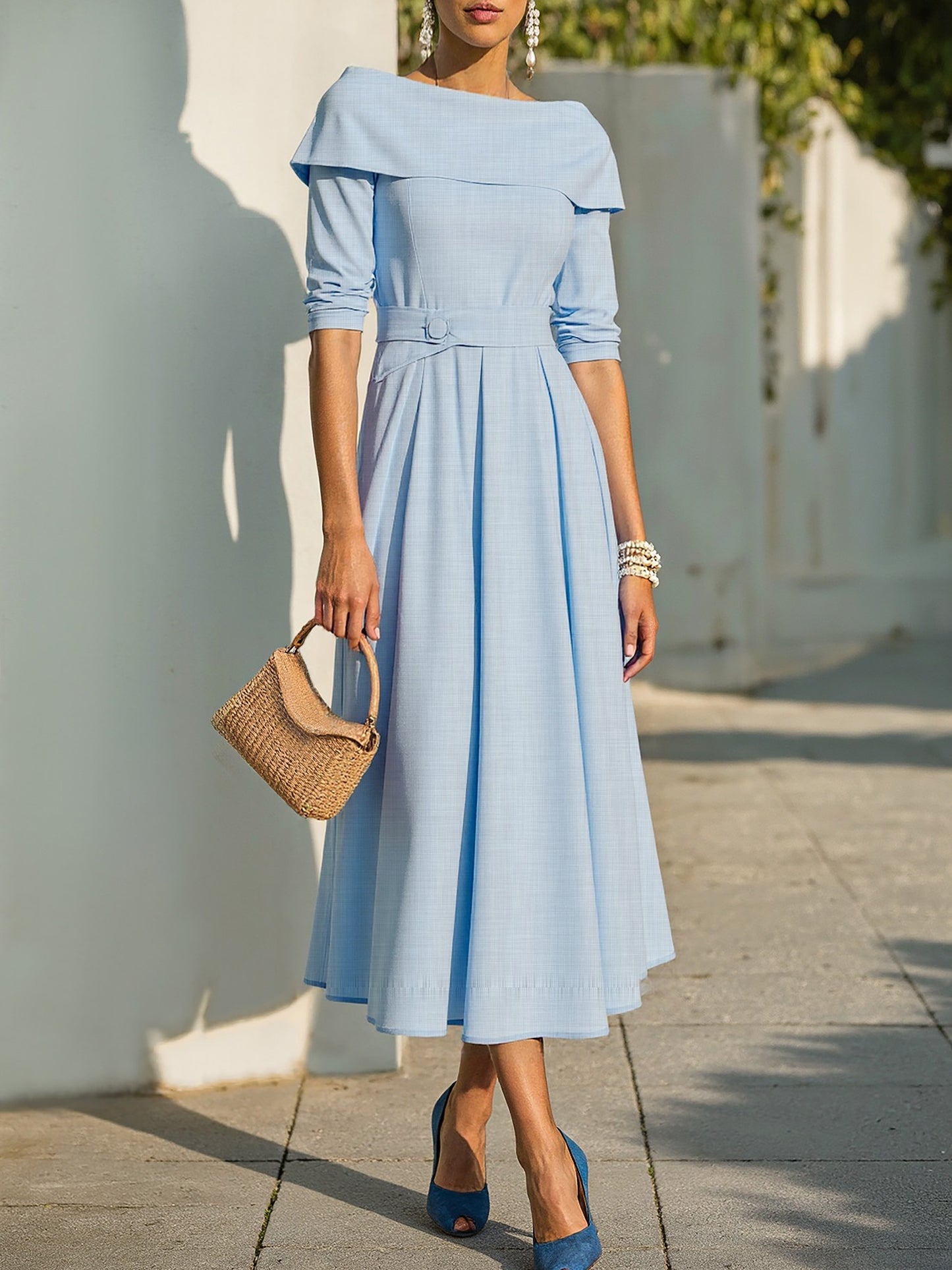 Robe en Coton Midi, Manches Longues, Épaules Dénudées, Unie, Ceinture, Style Vintage Français, Bleu Ciel